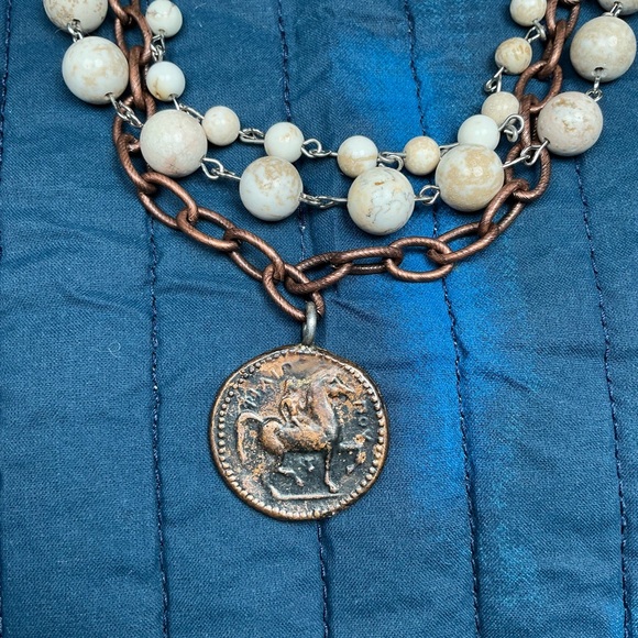 Triple Layer Necklace with Vintage Greek Coin and Rustic Howlite Beads - 17” - Picture 2 of 12